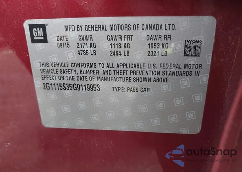 2016 Chevrolet Impala 2Lt z USA, uszkodzony, nr VIN 2G1115S35G9119953